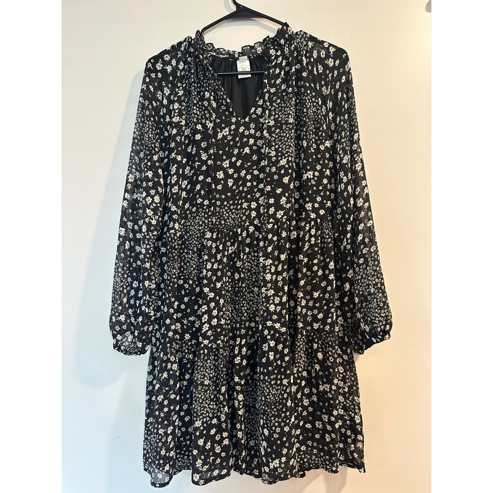 This That Womens Floral Tiered Mini Dress Black Long Sleeve Ruffle Neck Large